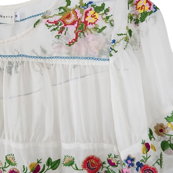 Johnny Was x 4 Love And Liberty White Silk Floral Embroidered Blouse Ruffles - Picture 9 of 15